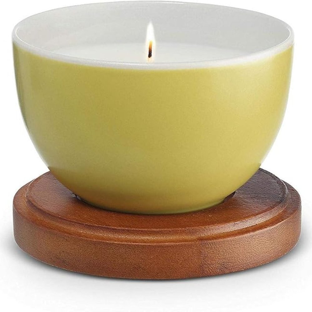 Nambe Desert Lilly Soy Wax Candle Bowl 4.5"" x 4.5"" with Acacia Wood Lid